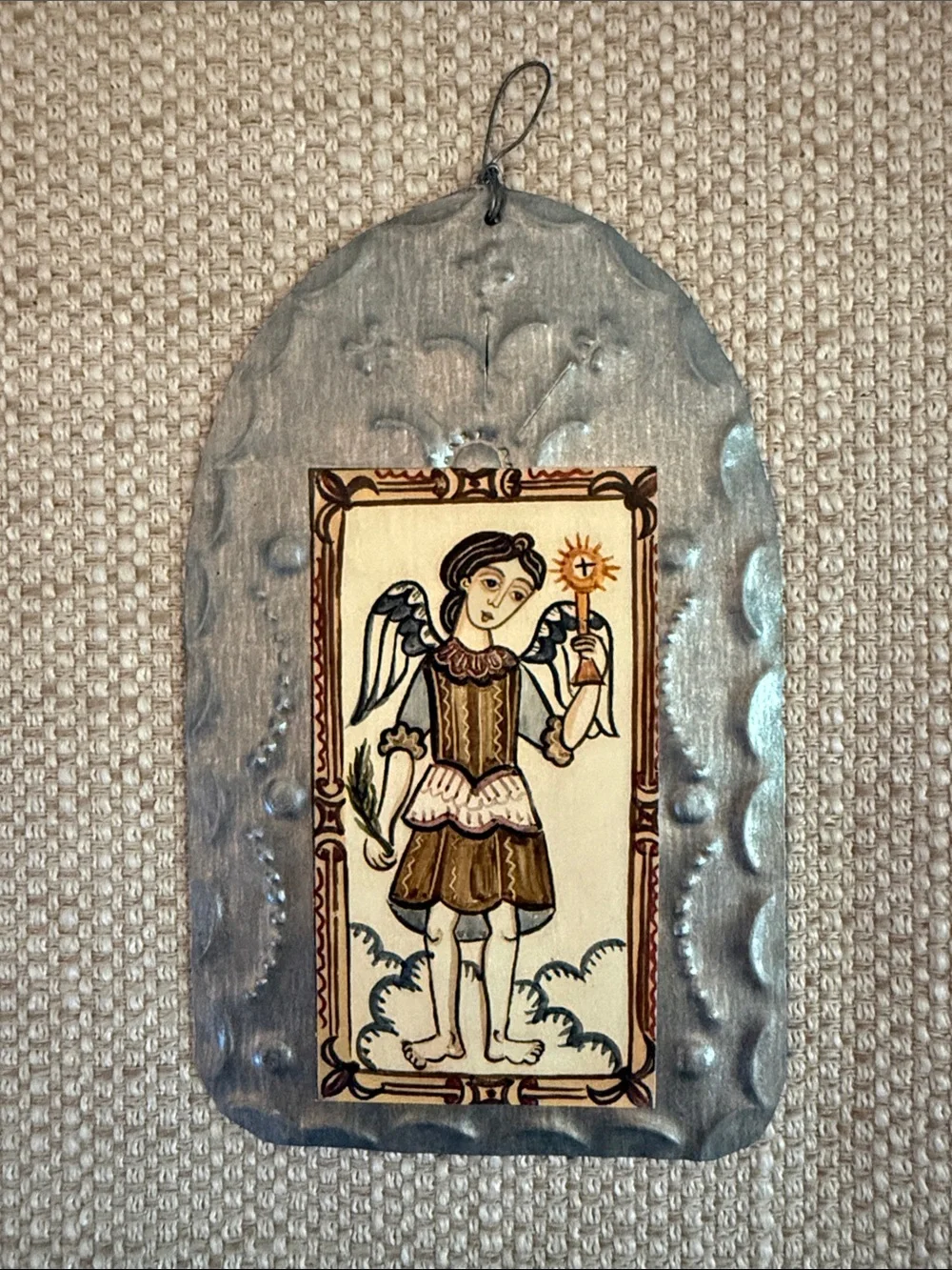 Handcrafted San Gabriel Religious Silver-Tone Punched Tin Angel Wall Plaque -